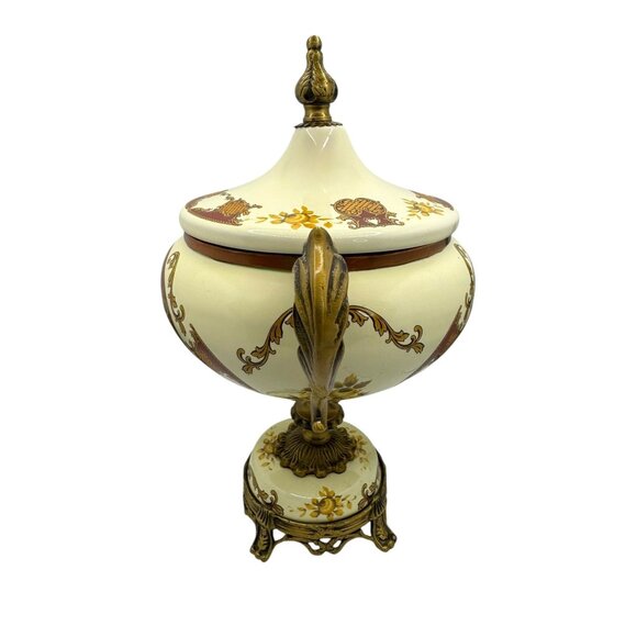 Vintage Ornate Porcelain & Brass Lidded Urn With Floral Motif & Dual Handles - Picture 6 of 11